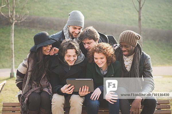 Six young adult friends using digital tablet on park bench
