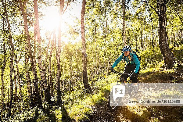 Young woman riding mountain bike through woods  Lake Como  Italy
