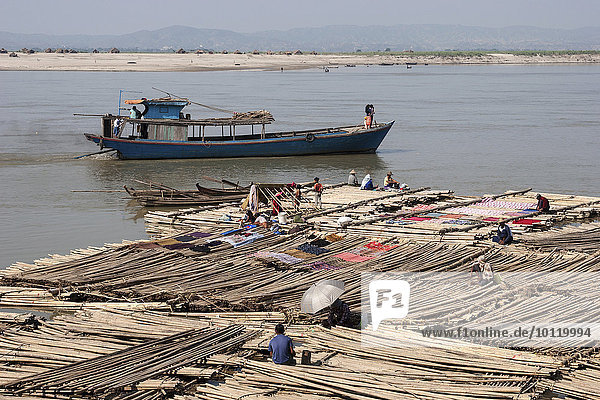 Life by the river  bamboo rafts in a row on the Irrawaddy River  also called the Ayeyarwaddy  Mandalay  Division Mandalay  Myanmar  Asia