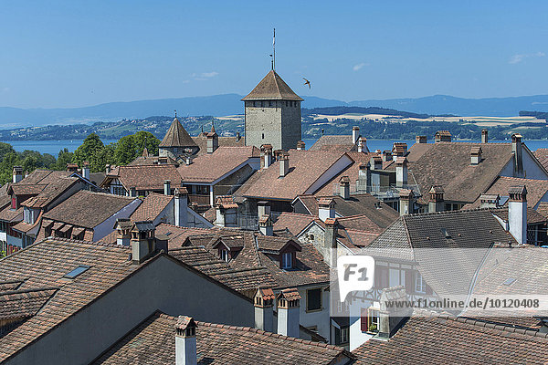 View onto roofs of the historic centre  Lake Morat behind  Murten or Morat  Canton of Fribourg  Switzerland  Europe