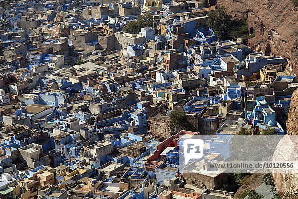 Auslick vom Mehrangarh Fort oder Festung auf Brahmapuri  blaue Stadt  Stadtteil von Jodhpur  Rajasthan  Indien  Asien
