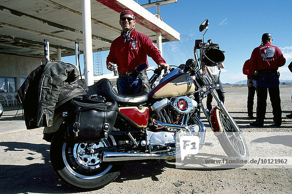 Harley Davidson motorbike and driver  Route 66  California  USA