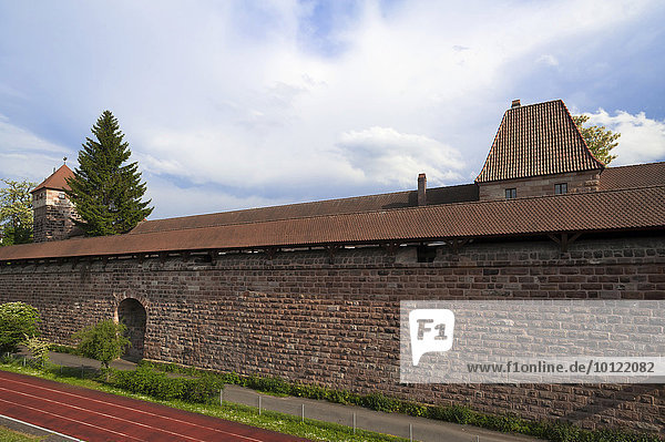 Restaurierte  alte Stadtmauer mit überdachtem Wehrgang  Nürnberg  Mittelfranken  Bayern  Deutschland  Europa