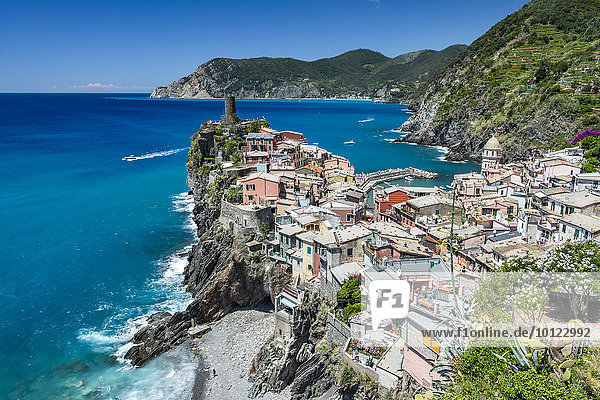 Bunte Häuser des Fischerdorfs Vernazza  UNESCO Weltkulturerbe  Nationalpark Cinque Terre  Rivera di Levante  Ligurien  Italien  Europa