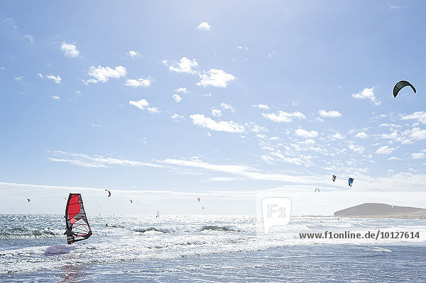 Windsurfer und Kiter am Strand Playa del Medano  Teneriffa  Kanarische Inseln  Spanien  Europa