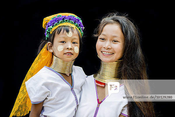 Kayan hill tribe mother and daughter  Chiang Mai  Thailand  Asia