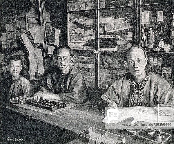 This 1896 illustration shows two Chinese accountants and a young apprentice in San Francisco's Chinatown at the time. Note the abacus the accountant on the left is using. It is based on a photograph by California photographer I.W. Taber (1830-1912).