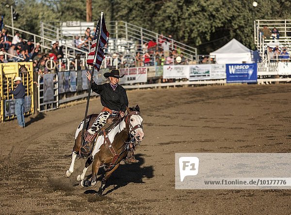 Cowgirl auf einem Pferd  mit der Flagge der Vereinigten Staaten  Fort Dalles  Oregon  USA  Nordamerika