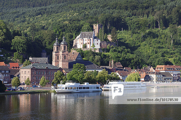 Mildenburg und Pfarrkirche St. Jakobus  Ausflugsschiffe auf dem Main  Miltenberg  Unterfranken  Bayern  Deutschland  Europa