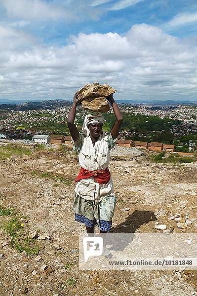 Worker at a stone quarry  Manantenasoa  Antananarivo  Madagascar  Africa
