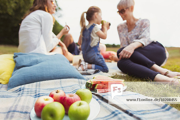 Äpfel und Wassermelone auf Picknickdecke nahe der Mehrgenerationenfamilie