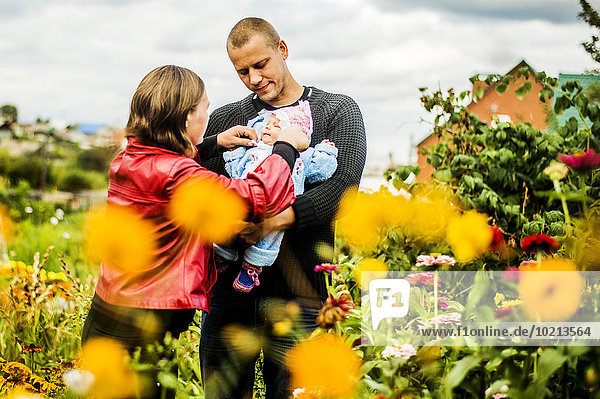 nahe Europäer Blume Menschliche Eltern halten Baby