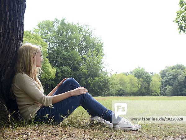 Junge Frau auf einer Wiese sitzend auf einem Baumstamm lehnend