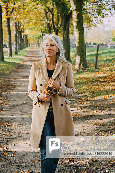 Porträt einer Frau beim Spaziergang im Herbstpark