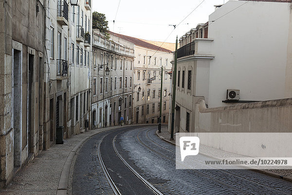 Portugal  Lisbon  view to curved street with tram rails