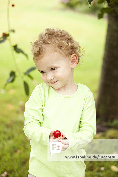 Portrait of little girl holding cherry in her hand