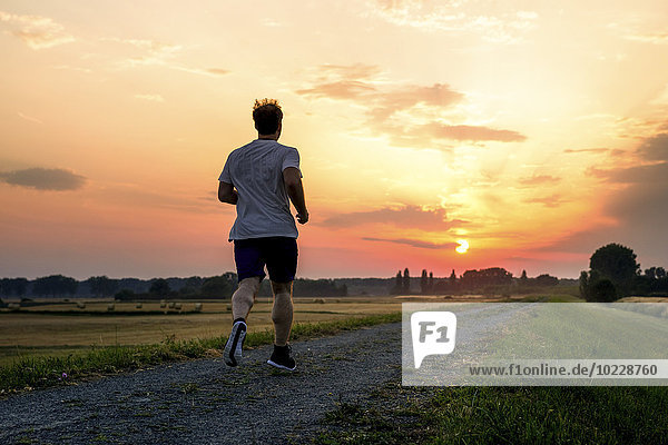 Rear view of man jogging at sunset