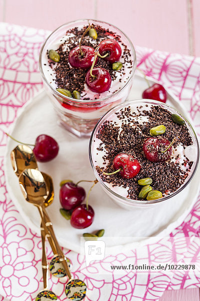 Glass of yoghurt dessert with cherries