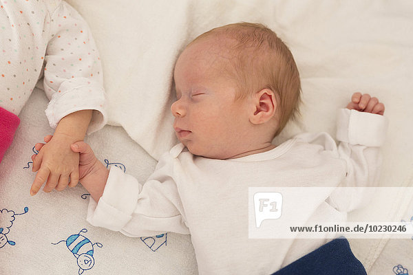 Newborn twins sleeping hand in hand