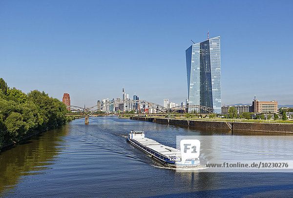 Deutschland  Frankfurt  Blick auf Frachtschiff auf dem Main mit der Europäischen Zentralbank im Hintergrund