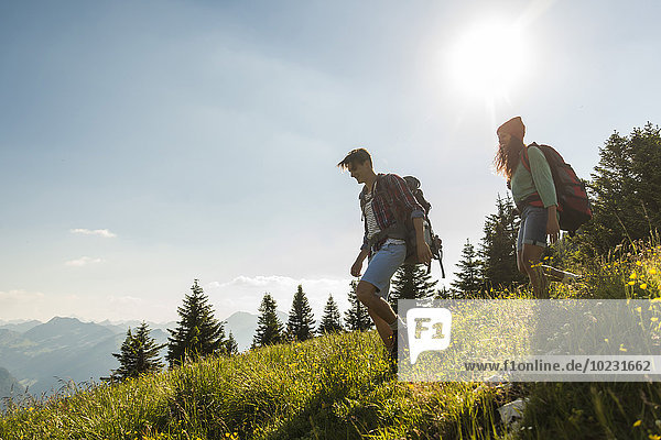 Austria  Tyrol  Tannheimer Tal  young couple hiking on alpine meadow