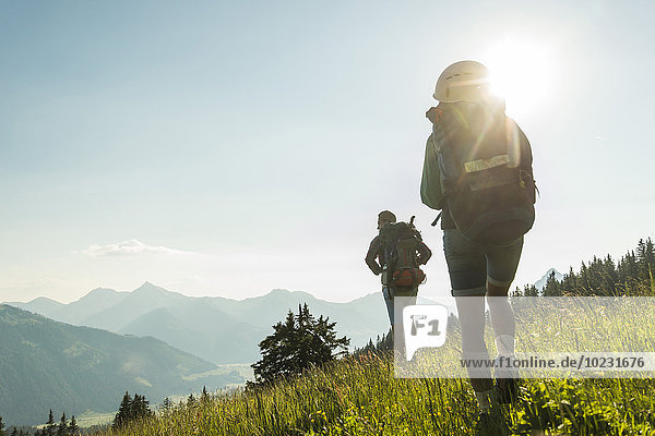 Austria  Tyrol  Tannheimer Tal  young couple hiking on alpine meadow in backlight