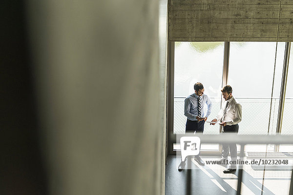 Two young businessmen discussing documents