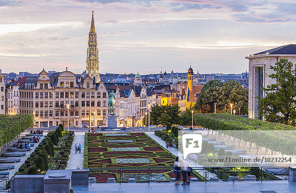 Belgium  Brussels  Mont des Arts  park and townhall tower  lower city in the evening