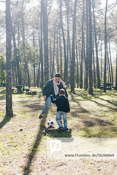 Menschlicher Vater,Sohn,Wald,Fußball,spielen