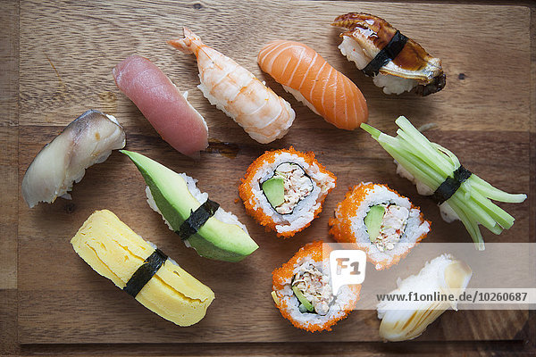 hoch,oben,einsteigen,Sushi,schneiden,Vielfalt,Ansicht,Flachwinkelansicht,Winkel