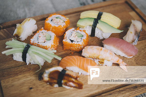 hoch,oben,einsteigen,Sushi,schneiden,Vielfalt,Ansicht,Flachwinkelansicht,Winkel