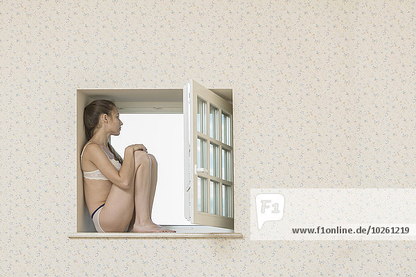 sitzend,junge Frau,junge Frauen,sehen,Fenster,wegsehen,Reise,Nachdenklichkeit,Fensterbank