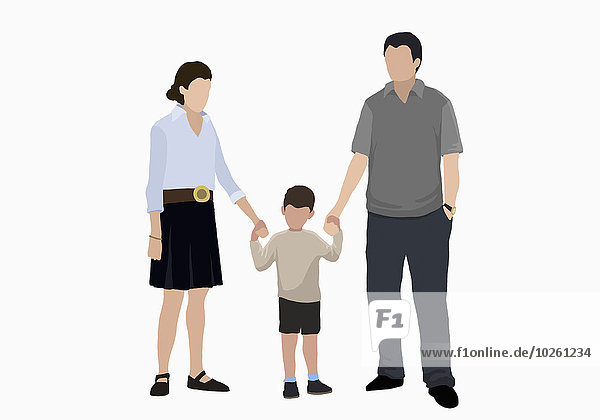 Illustratives Bild eines Jungen  der die Hände der Eltern hält.