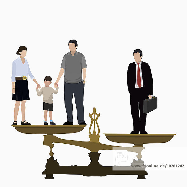 Illustratives Bild von Geschäftsmann und Familie auf der Waage