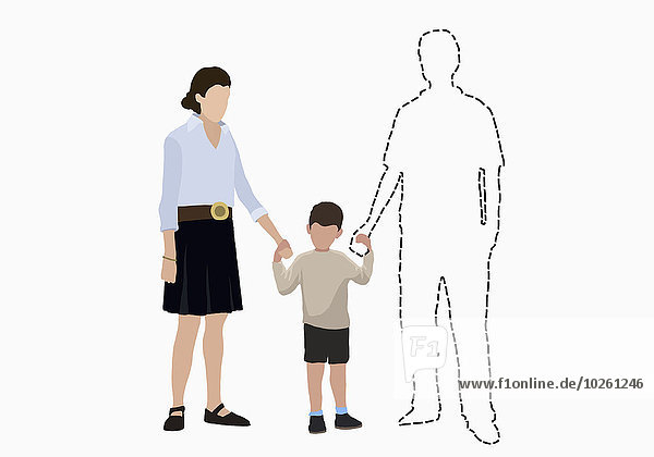 Illustratives Bild der Familie  die die Hände des vermissten Vaters auf weißem Hintergrund hält.