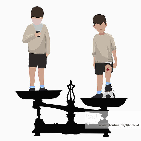 Illustratives Bild von Jungen auf einer Gewichtsskala mit Taschenlampe und anderen mit Fußball