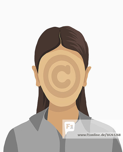 Illustratives Bild der Geschäftsfrau mit Copyright-Symbol auf dem Gesicht vor weißem Hintergrund
