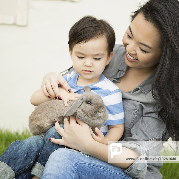 sitzend Frau lächeln Sohn halten auf dem Schoß sitzen Kaninchen jung