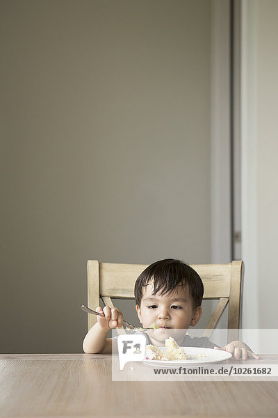 sitzend Stuhl Junge - Person Scheibe Kuchen jung essen essend isst Tisch