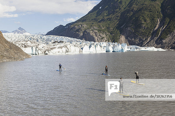 Group of four people stand up paddleboarding in front of Grewingk Glacier  Kachemak Bay State Park  Southcentral Alaska