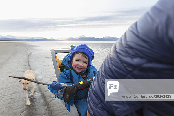 Father with toddler son ride a fatbike on beach in Homer with their dog running alongside  Kenai Peninsula  Southcentral Alaska.