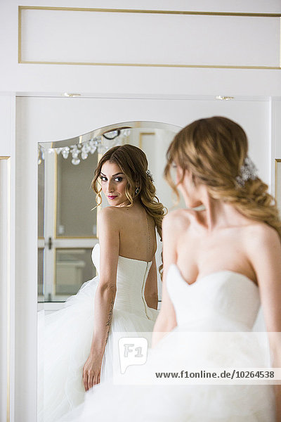Portrait of Bride Looking in Mirror  Toronto  Ontario  Canada