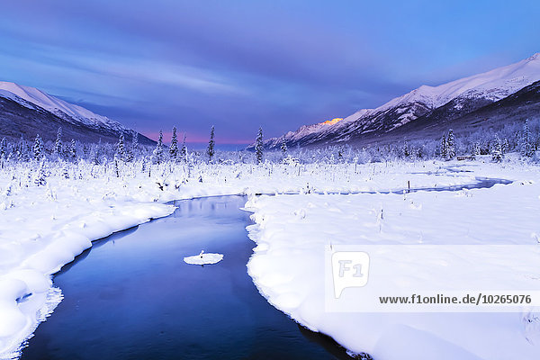 Berg Winter sehen Beleuchtung Licht Fluss Ansicht Terrasse Lachs Adler