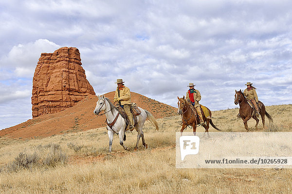 Cowboy and Cowgirls Riding Horses with Castel Rock in the background  Shell  Wyoming  USA