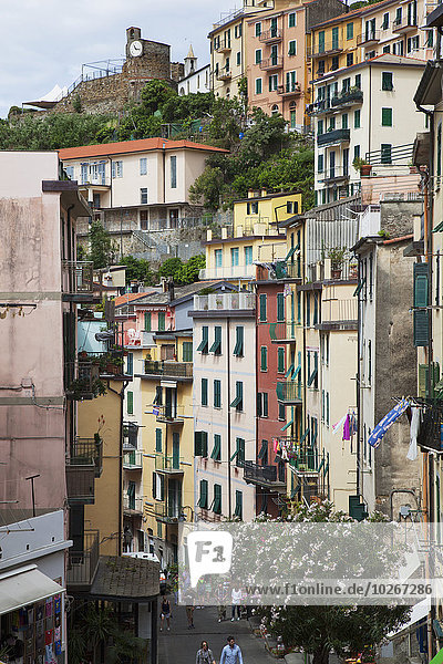 Gebäude bunt Nachbarschaft Fußgänger Italien Ligurien Riomaggiore