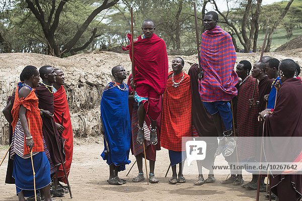 Maasai warriors jump during traditional dance at their village in Ngorongoro Crater Conservation Area; Tanzania