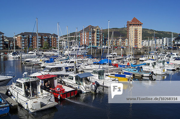 Boats in the marina and residential buildings at the waterfront; Swansea  Wales