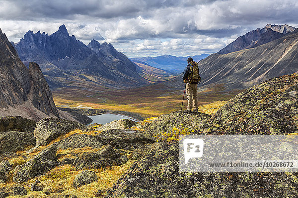 Hiker standing on a rock overlooking the colourful valleys in Tombstone Territorial Park in autumn; Yukon  Canada