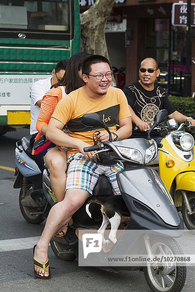 Couple carrying their dog on a motorcycle  Suzhou  Jiangsu  China