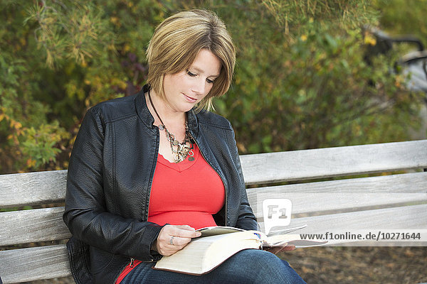 Reife christliche Frau studiert ihre Bibel in einem Park; Edmonton  Alberta  Kanada'.